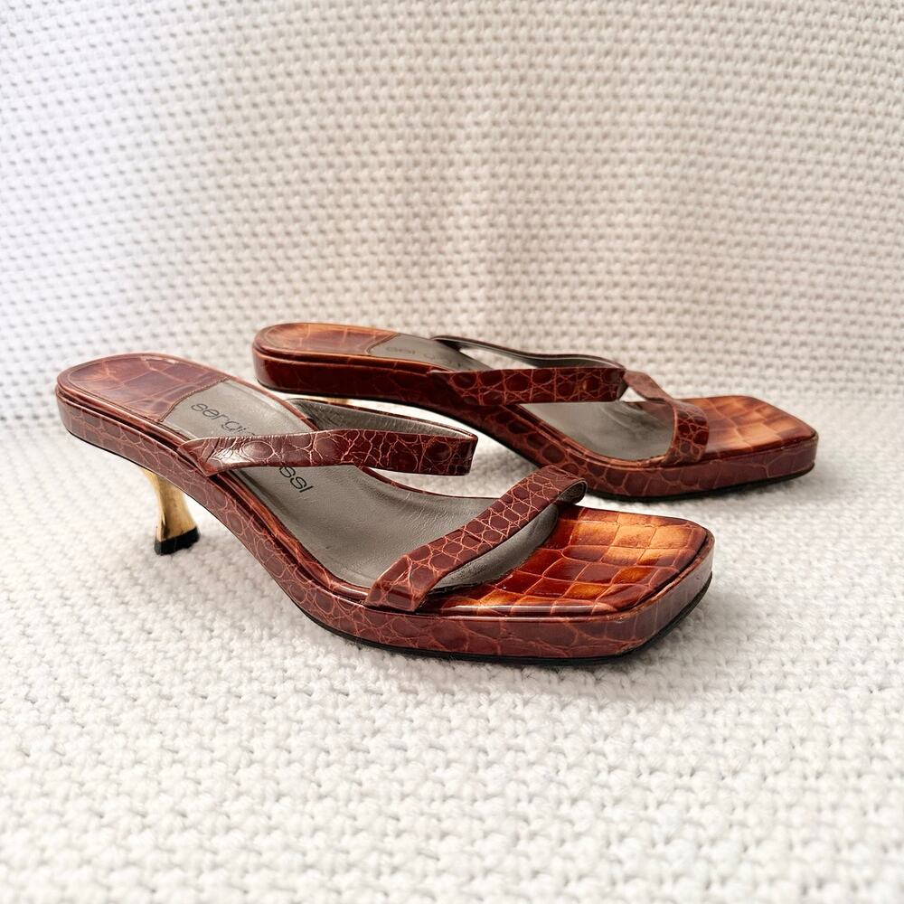 Sergio Rossi Tan Croc Embossed Double Strap Platform Kitten Heel Sandals 38